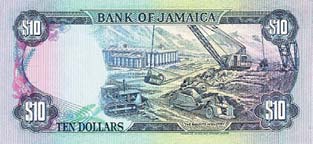 Карьерная добыча бокситов помещена также на купюре в 10 долларов Ямайки выпуска 1985 г.