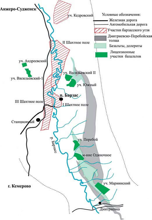 Схема расположения участков полезных ископаемых Барзасского геолого-экономического района