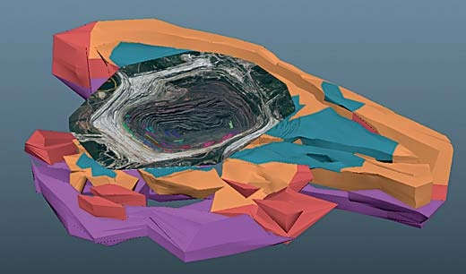 Трехмерные модель карьера Стойленского ГОКа и каркасная геологическая модель месторождения, смоделированные в ГГИС Micromine