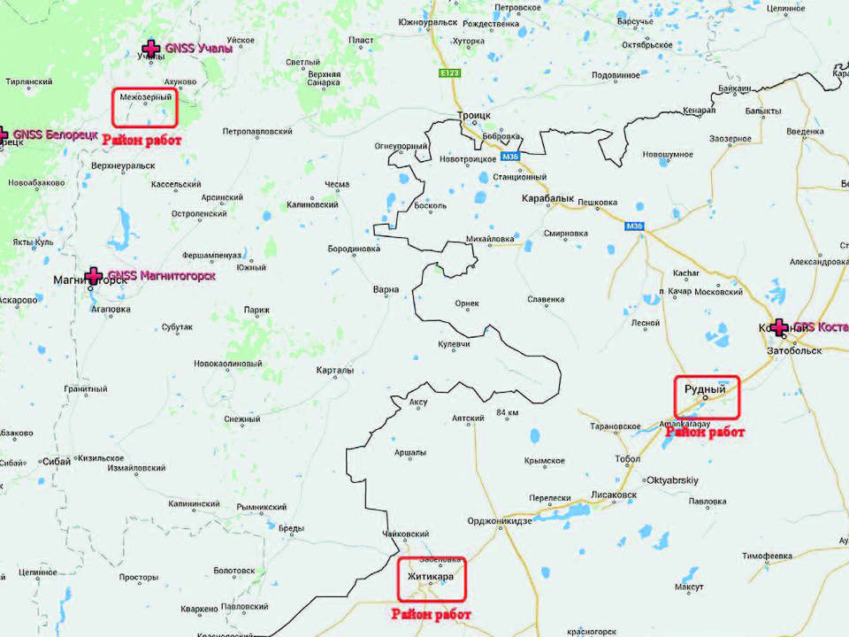 Рис. 4 Схема расположения постоянно действующих GPS-ГЛОНАС станций района Учалинского и Талганского месторождений