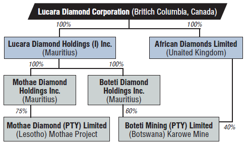 Рис. 9 Производственная структура Lucara Diamond Corporation в 2012 г. [27]