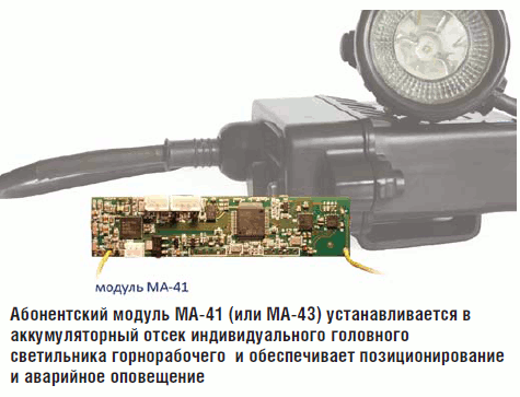 Абонентский модуль МА-41 (или МА-43) устанавливается в аккумуляторный отсек индивидуального головного светильника горнорабочего и обеспечивает позиционирование и аварийное оповещение