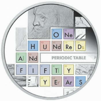 На монете «150 лет таблице Менделеева» можно прочесть текст «ONE HUNDRED AND FIFTY YEARS», сложенный из символов химических элементов