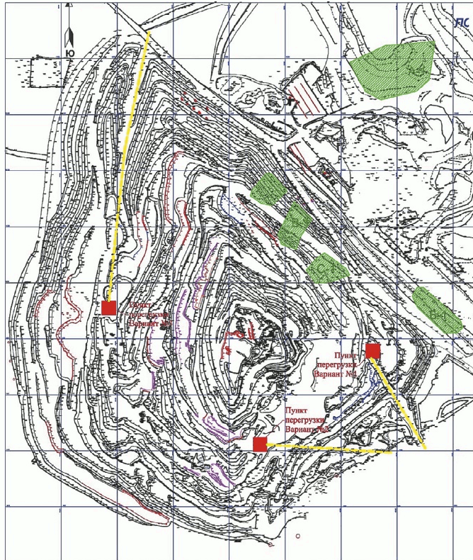 Рис. 1 Схема трех вариантов расположения перегрузочных пунктов в Светлинском карьере