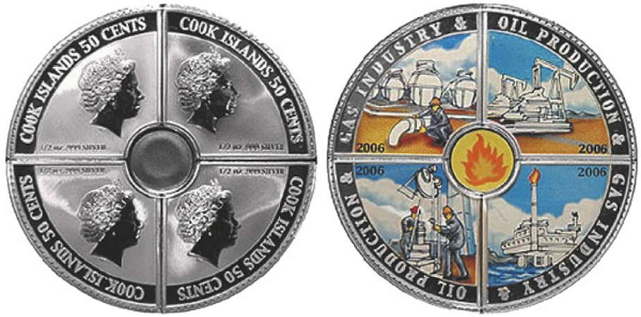  50 центов, представляет собой пазл, состоящий из четырёх частей. Она отчеканена из серебра с цветным покрытием в Новой Зеландии и от имени островов Кука