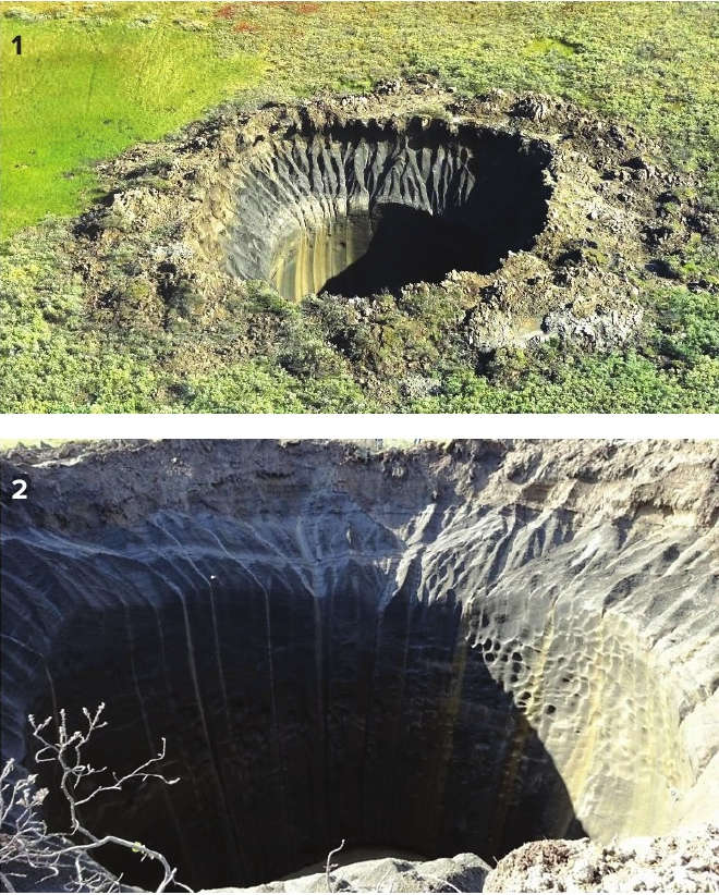 Бованенковский кратер С1: виды из вертолета и с бруствера выброшенной взрывом породы (фото В.И. Богоявленского 25 августа 2014 г.)