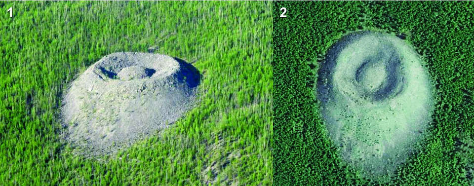 Патомский газолитокластитовый вулкан: фотография 2008 г. В.П. Исаева (1) [50] и космоснимок WV-2 31.07.2017 (2)