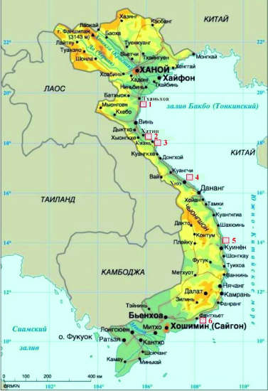 Карта расположения прибрежных россыпных месторождений Вьетнама