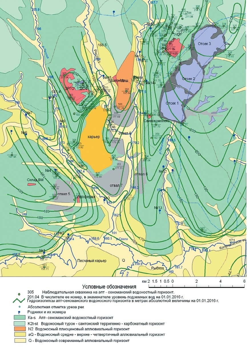 Рис. 1 Карта-схема гидроизогипс апт- сеноманского водоносного горизонта по состоянию на 01.01.2016 г. Fig. 1 Schematic map of groundwater contours of Aptian-Cenomanian aquifer as of 01.01.2016