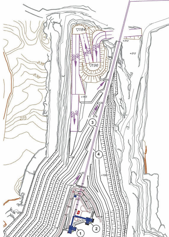 Схема расположения дробильной установки на борту карьера: 1– рудный дробильно- транспортный комплекс; 2 – вскрышной дробильно- транспортный комплекс; 3 и 4 – рудный и вскрышной главные конвейеры