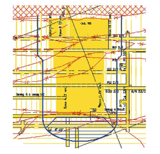Рис. 3 Формирование зон опорного давления вблизи очистных работ панелей 1–2 Fig. 3 Formation of the bearing pressure zones near the Stoping Blocks 1 and 2