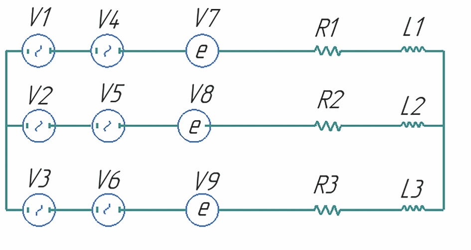 Рис. 10 Расчётная схема отключенного от сети статора двухскоростного АД (представлен элементами R1-R3; L1-L3) в режиме выбега при условии закорачивания его схемы Fig. 10 Analytical model of poweredoff stator of a dual-speed induction motor (represented with R1-R3 and L1-L3elements) in the run-down mode, provided it is short-circuited