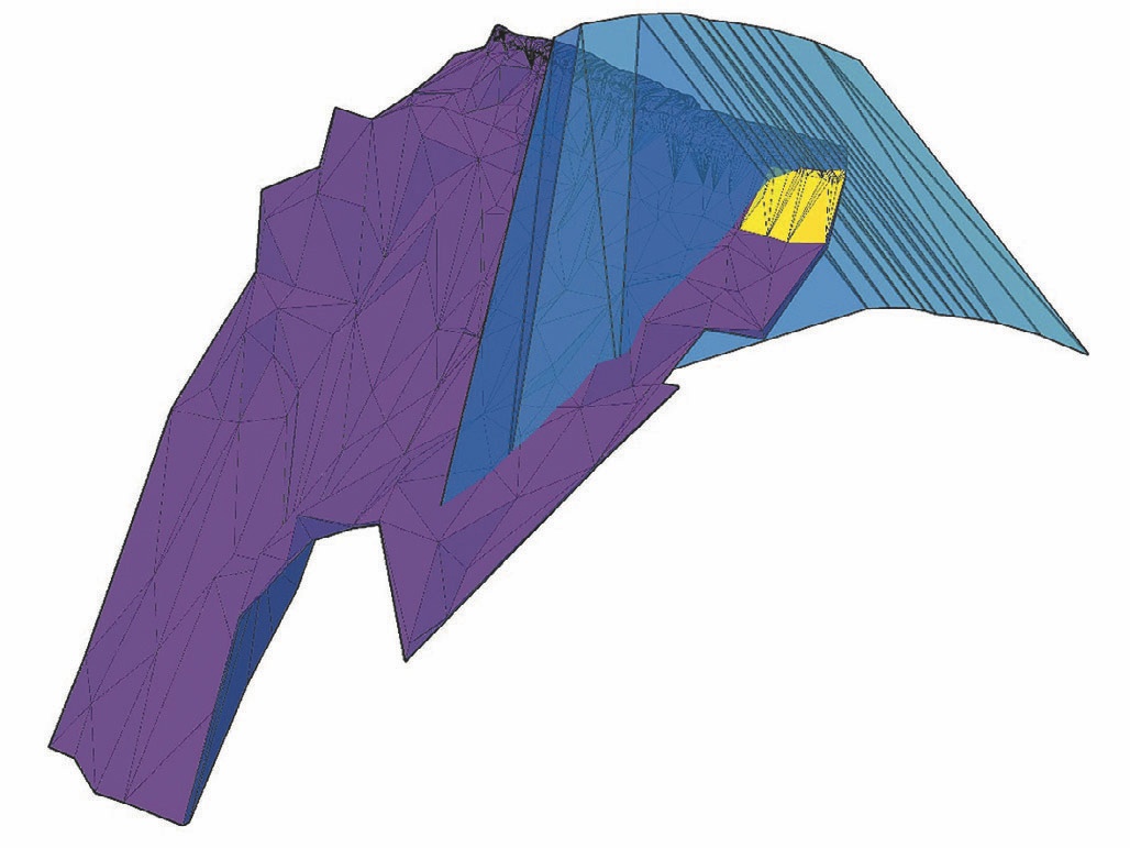 Рис. 5 Юго-восточное рудное тело (фиолетовый цвет) и охранный целик (синий цвет) Fig. 5 The South-Eastern ore body (purple) and the safety pillar (blue)