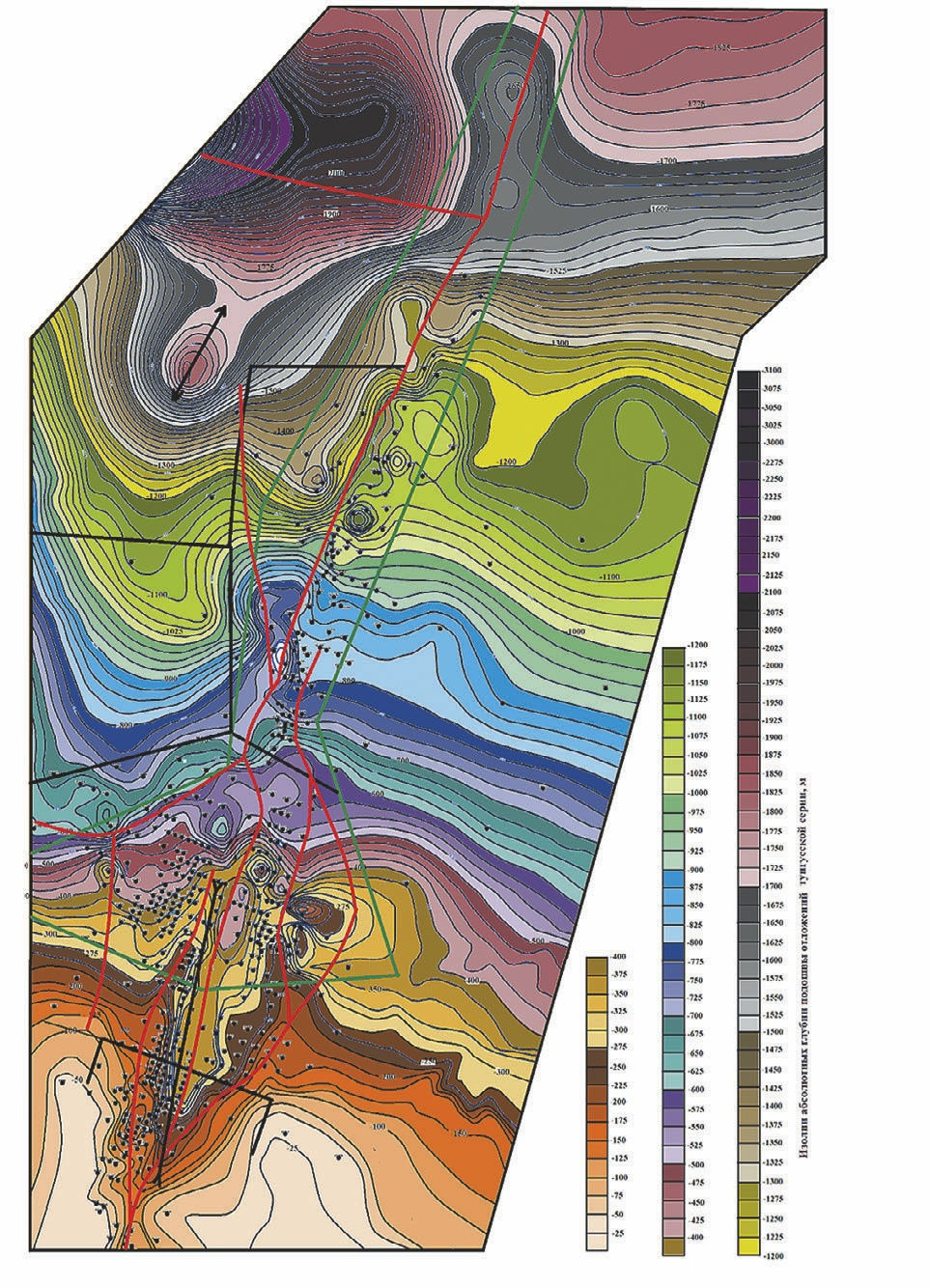 Рис. 2 Каркасная модель, отстроенная по изолиниям абсолютных глубин подошвы отложений тунгусской серии (масштаб 1:25000) Fig. 2 A wire-frame model plotted on isolines of absolute depths at the Tunguska sediments base (scale 1:25000)