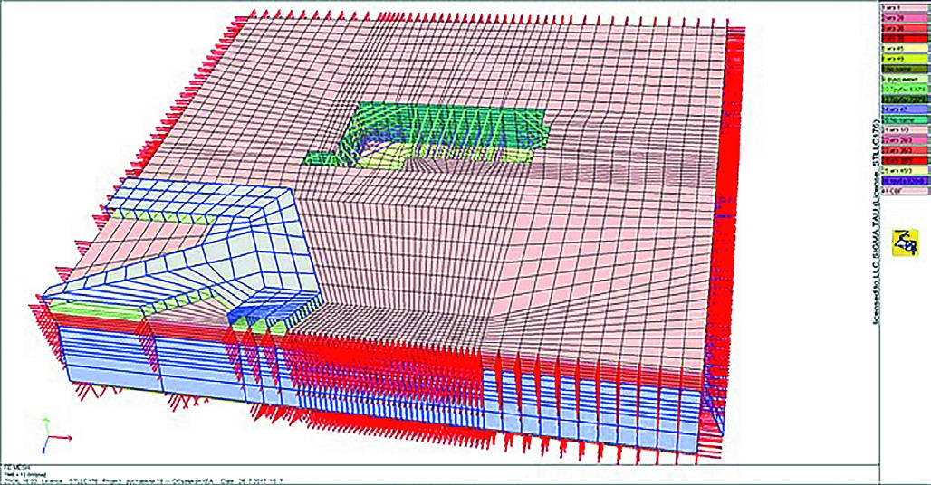 Рис. 7 Расчётная схема моделирования системы «котлован вестибюля – здание» в 3D постановке Fig. 7 Calculation diagram of the ‘Entrance Hall excavation – building’ modelling in 3D
