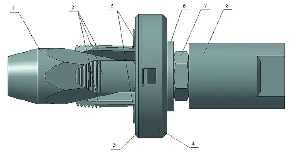 Рис. 1 Общий вид механизма нагружения стержня FRS: 1 – винт-тяга; 2 – цанги; 3 – кольцо стопорное; 4 – опора; 5 – винты; 6 – шайба; 7 – гайка; 8 – переходная втулка Fig. 1 General view of the FRS shaft loading device: 1 – screw; 2 – collets; 3 – stopper ring; 4 – support; 5 – screws; 6 – washer; 7 – nut; 8 – adapter sleeve.