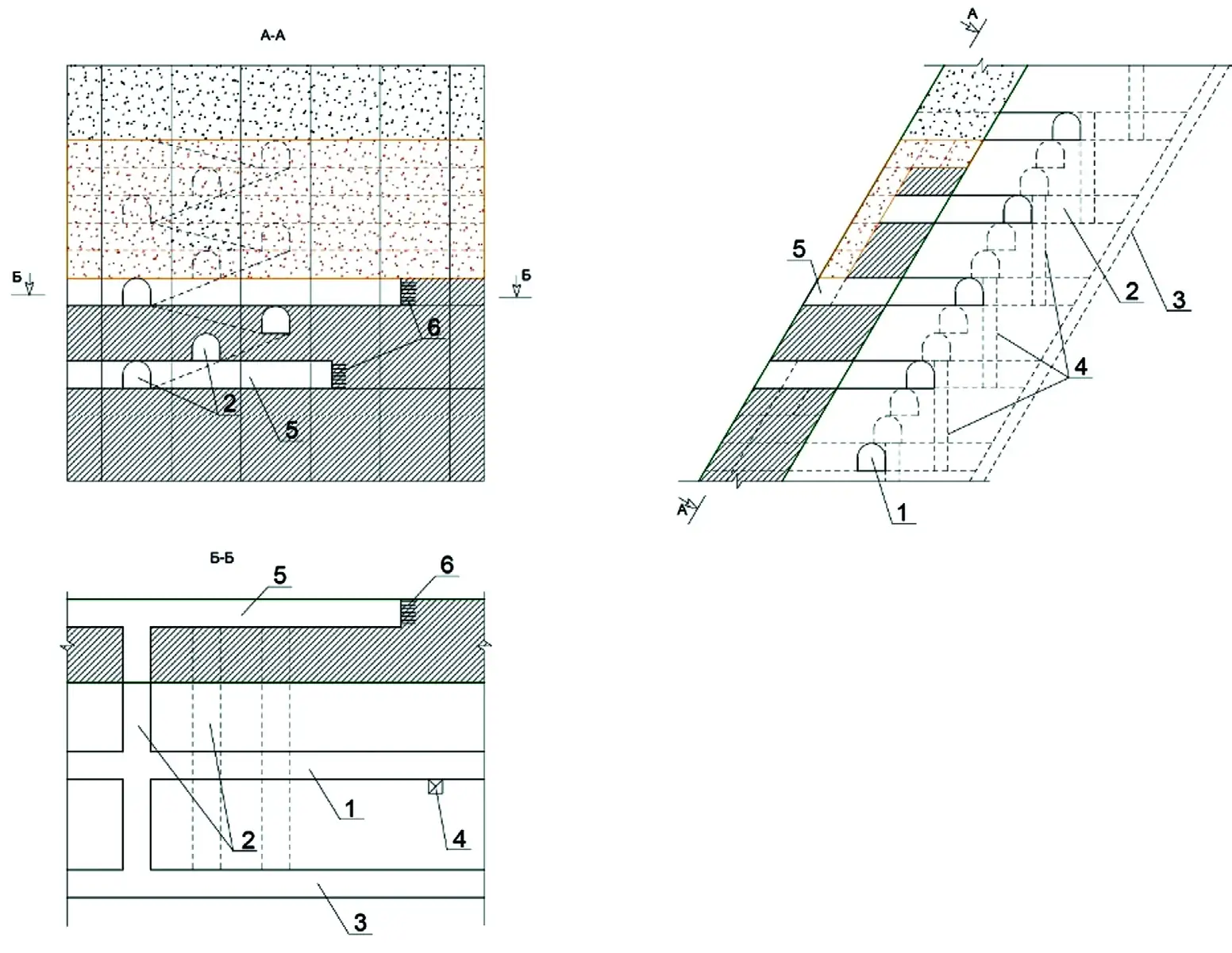 Рис. 3 Формирование защитного слоя: 1 – подэтажный доставочный штрек; 2 – орт-заезд; 3 – участковый наклонный съезд; 4 – вентиляционно-ходовой восстающий; 5 – слоевой буро-доставочный штрек; 6 – отбойные шпуры Fig. 3 Formation of the protective layer: 1 – sub-level haulage entry; 2 – access crosscut; 3 – section access ramp; 4 – ventilation and manway raise; 5 – stoping drill-and-haulage drift; 6 – main blastholes