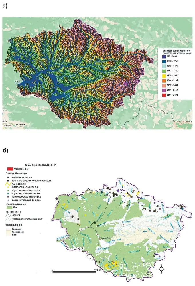 Рис. 1 Цифровая модель рельефа (а) и схема природопользования Тоджинского района (б) Fig. 1 A digital terrain model (а) and a natural resource management scheme of the Tojinsky district (б)