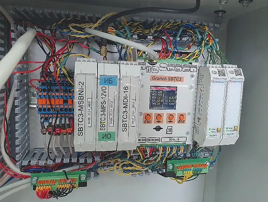 Рис. 4 Некоторые модули контроллера SBTC3 (по центру модуль самого ПЛК) Fig. 4 Some modules of the SBTC3 controller (the PLC module is in the centre)