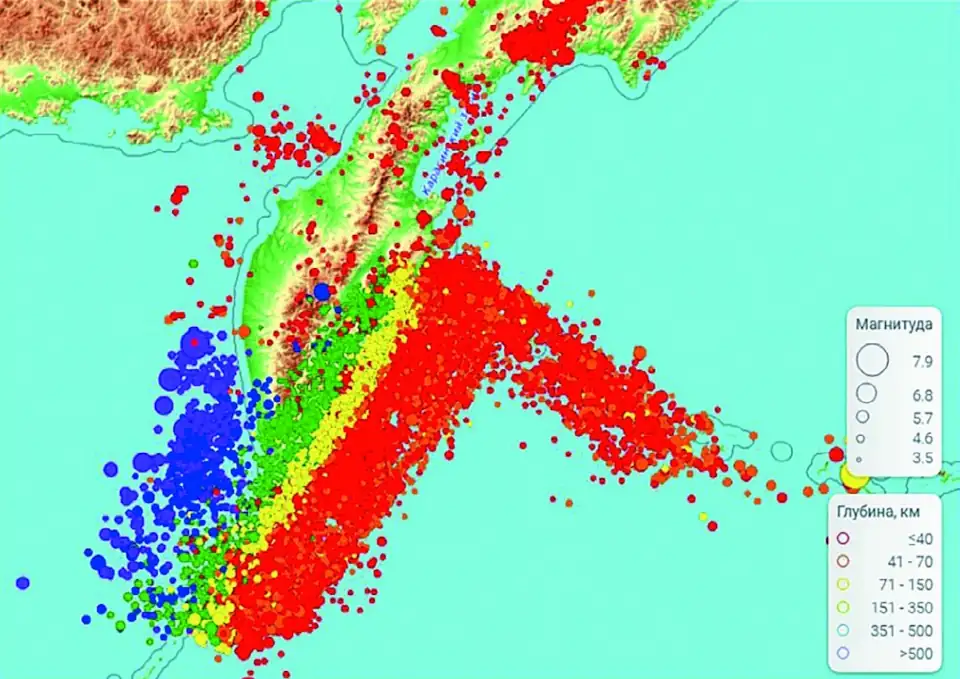 Рис. 1 Карта распределения эпицентров землетрясений Камчатского региона Fig. 1 A distribution map of the earthquake epicenters in the Kamchatka Region