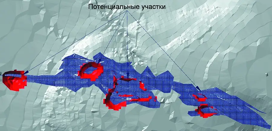 Рис. 1 Выбор оптимального участка для проведения опытно- промышленных работ на основе 3D-визуализации Fig. 1 Selection of the optimal site for pilot tests based on 3D visualization