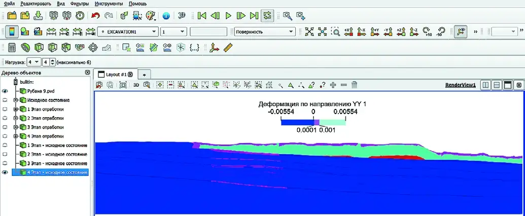 Рис. 11 Четвёртый шаг отработки разрезом пласта Красногорский Fig. 11 The fourth step in strip mining of the Krasnogorsky coal seam