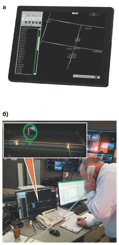 Рис. 2 Система «SBGPS»: отображение местоположения людей на схеме горных выработок: а – фрагмент схемы с отображением координат местоположения в графической форме; б – иллюстрация работы горного диспетчера со схемой в качестве оператора системы Fig. 2 The SBGPS system: displaying the location of people on the mine map: а – a fragment of the map with the location coordinates displayed as graphics; б – illustration of the mining dispatcher's work with the map as the system operator