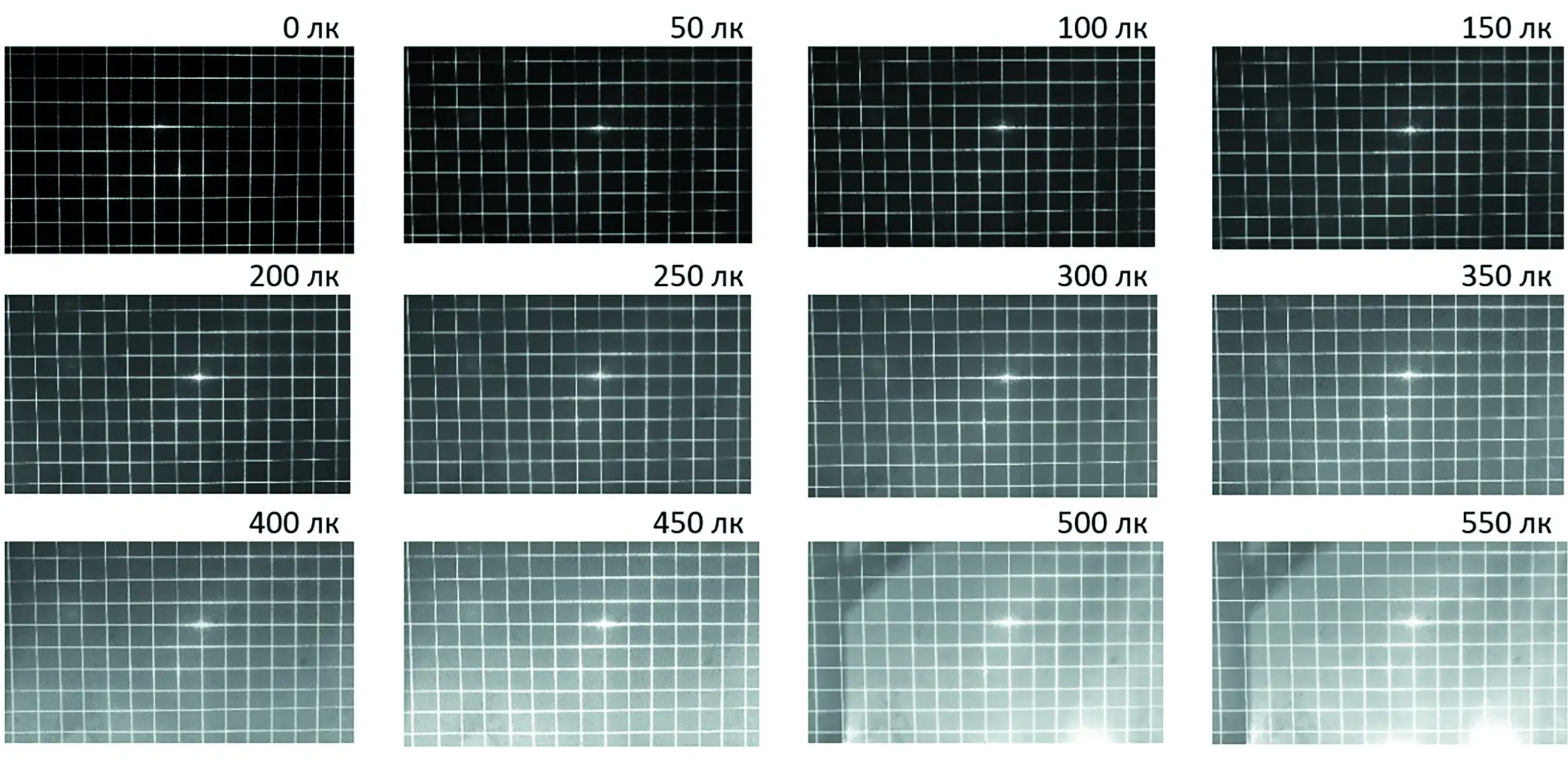 Рис. 5 Изображения лазерной сетки, полученные с камеры освещённости в диапазоне значений 0…550 лк Fig. 5 Laser grid images obtained with a camera within the illumination intensity range from 0 to 550 lx