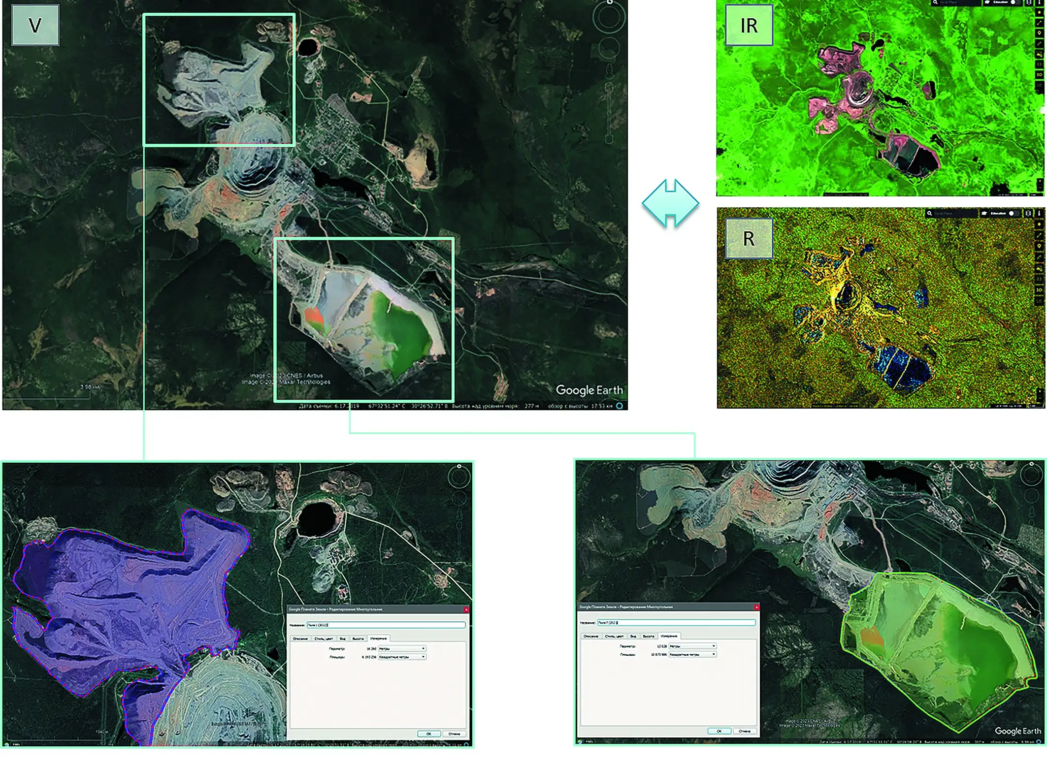 Рис. 3 Дистанционная площадная съемка и геопространственный анализ на основе космических и цифровых технологий: V, IR и R – оптическая, инфракрасная и радиолокационная съемка соответственно Fig. 3 Remote sensing and geospatial analysis based on satellite and digital technologies: V, IR and R are optical, infrared and radar surveys, respectively