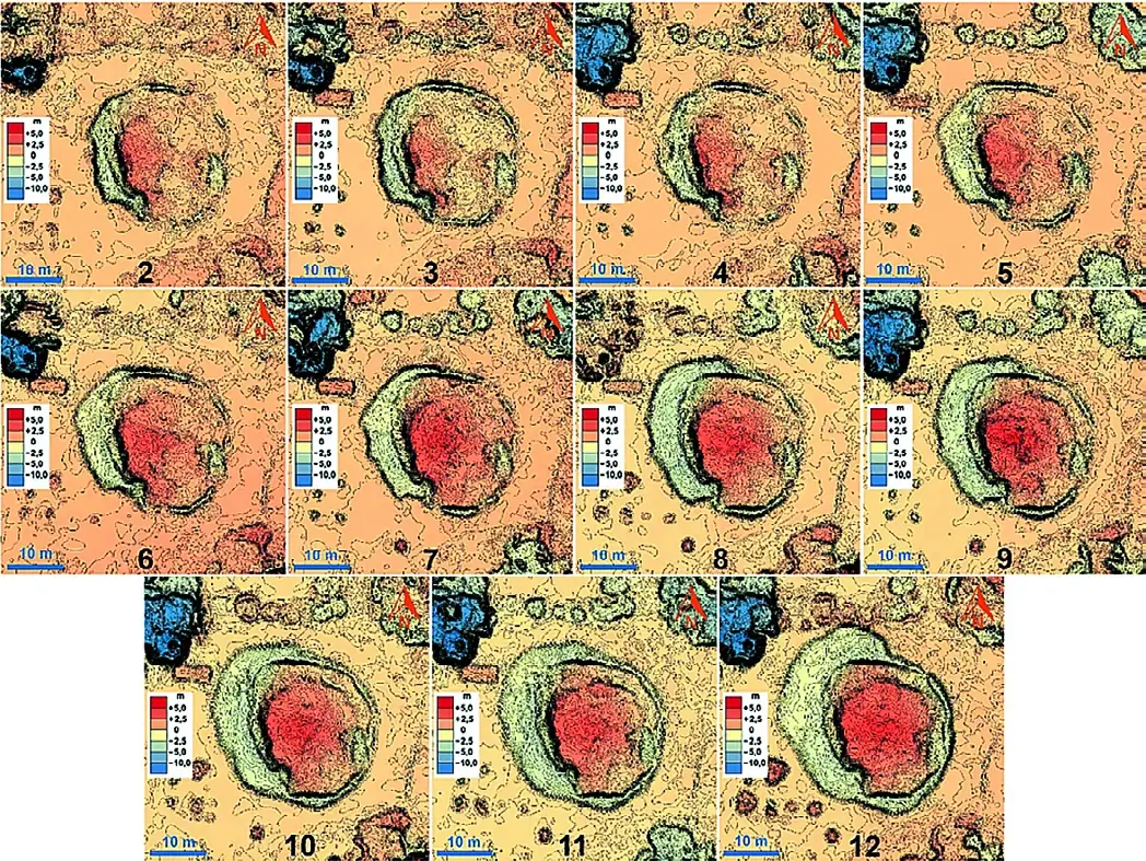 Рис. 4 Мониторинг изменений Дедиловского провала (разностные 4D-модели) по отношению в первой съемке 18.05.2019 (1). Обозначения моделей 2–12 по датам – см. рис. 2 Fig. 4 Monitoring of changes in the Dedilovsky sinkhole (difference 4D models) in relation to the first survey on 18.05.2019 (1). Designations of models 2-12 by dates - see Fig. 2