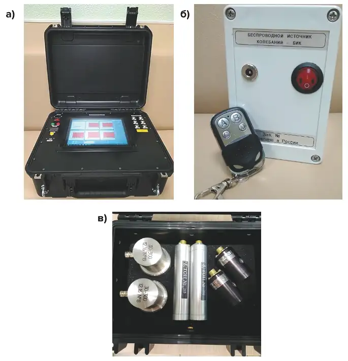 Рис. 1 Диагностический комплекс «Камертон»: а – синхронный многоканальный анализатор колебаний; б – беспроводной источник колебаний; в – датчики- пьезоакселерометры Fig. 1 The Kamerton diagnostic complex: a – synchronous multichannel oscillation analyzer; б– wireless oscillation source; в – piezoaccelerometer sensors