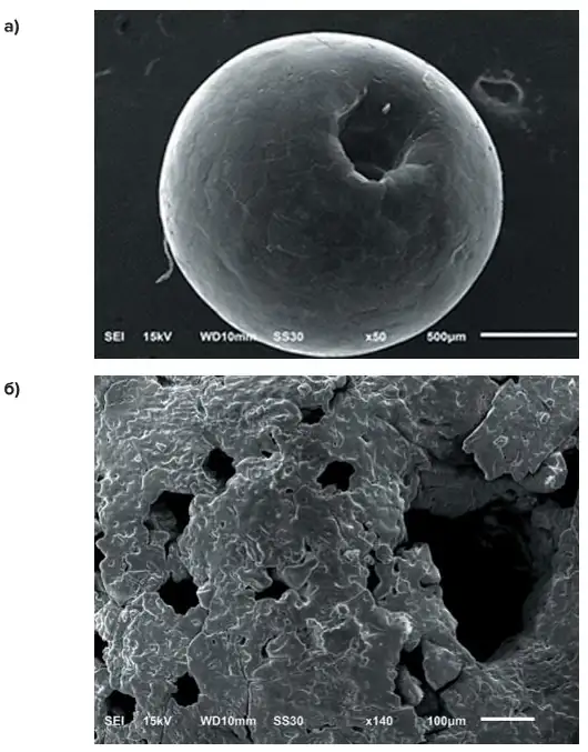 Рис. 2 Внешняя поверхность гранулы  аммиачной селитры  производства Акрон:  а – до обработки,  б – после акустической  обработки поризующей  эмульсией топливной смеси Fig. 2 The outer surface of an  ammonium nitrate granules  produced by Acron:  а – before the treatment,  б – after acoustic treatment  with the pore-inducing fuel  mixture emulsion