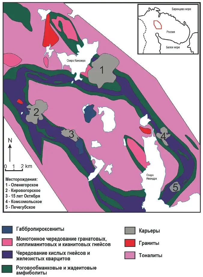 Рис. 1 Карта месторождений  Оленегорского рудного поля  Fig. 1 Map of the Olenegorsk ore  field deposits