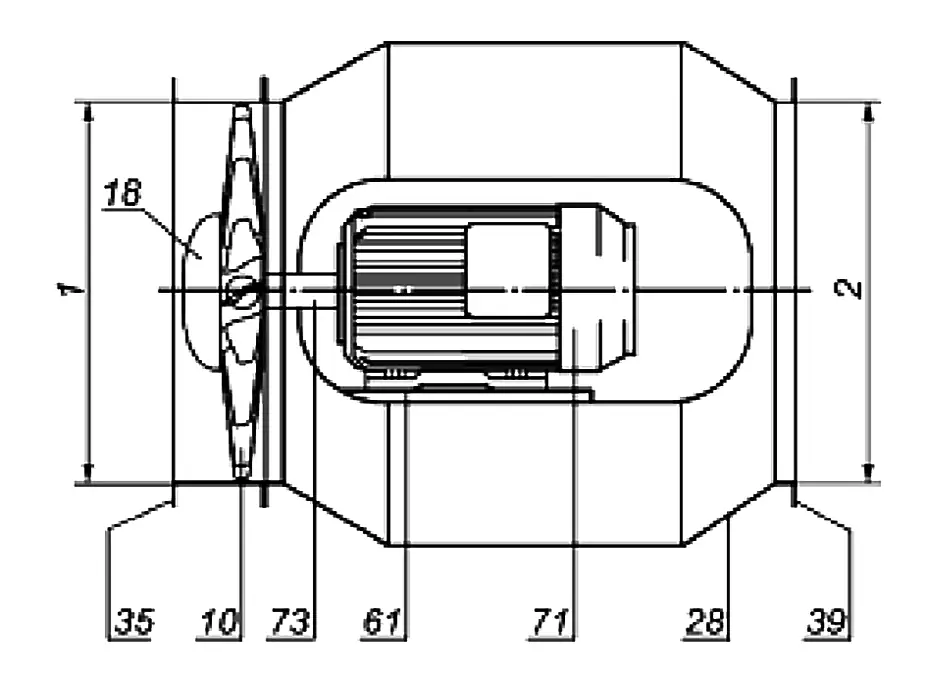 Рис. 1 Компоновочная схема осевого вентилятора с рабочим колесом диаметром 0,9 м Fig. 1 Layout of an axial fan with a 0.9 m diameter impeller