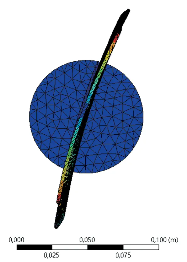 Рис. 10 Первая форма колебаний крутильных лопатки с частотой 367,8 Гц Fig. 10 The first form of torsional oscillations of the blade with the frequency of 367,8 Hz