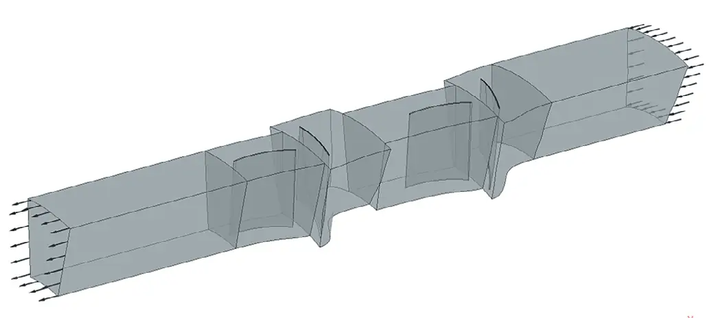 Рис. 12 Модель проточной части двух последовательно присоединённых вентиляторов Fig. 12 Model of the flow part of two fans connected in series