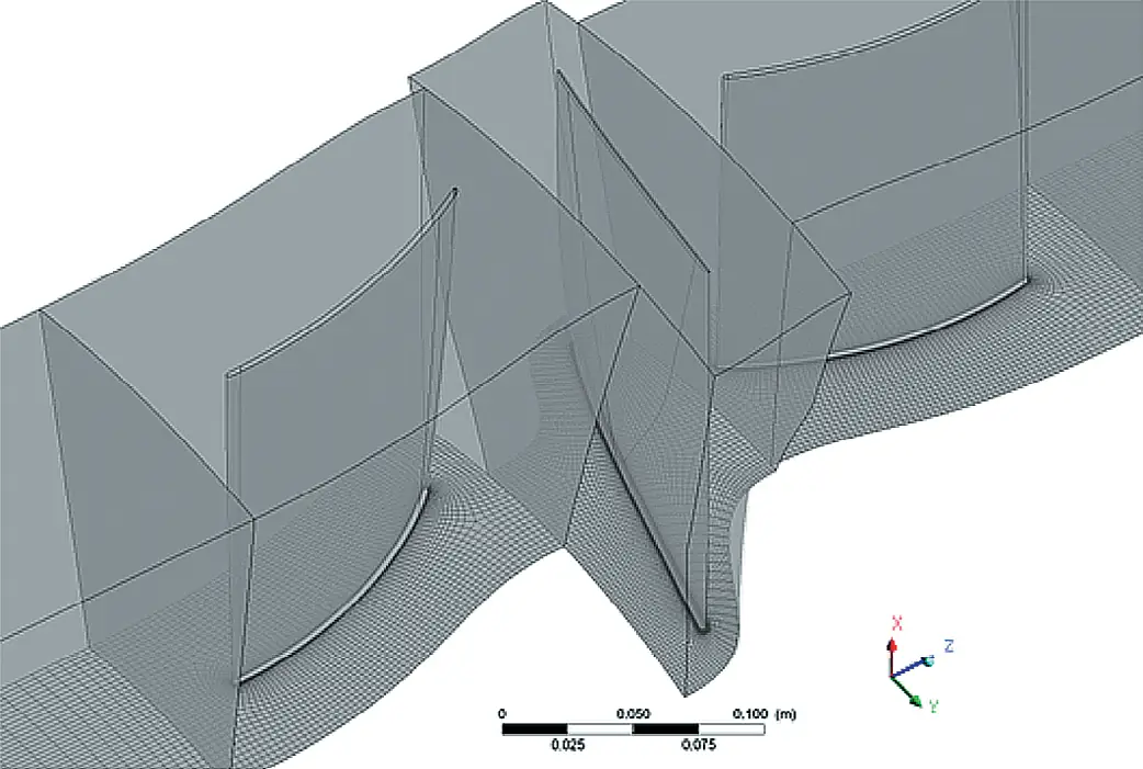 Рис. 2 Конечно-объёмная сетка модели вентилятора в ANSYS CFX Fig. 2 A finite volume mesh of the fan model in ANSYS CFX