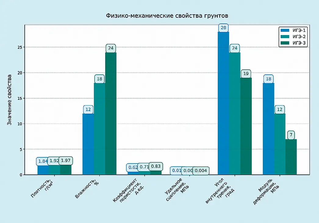 Рис. 3 Физико-механические свойства  грунтов Fig. 3 Physical and mechanical  properties of the soils