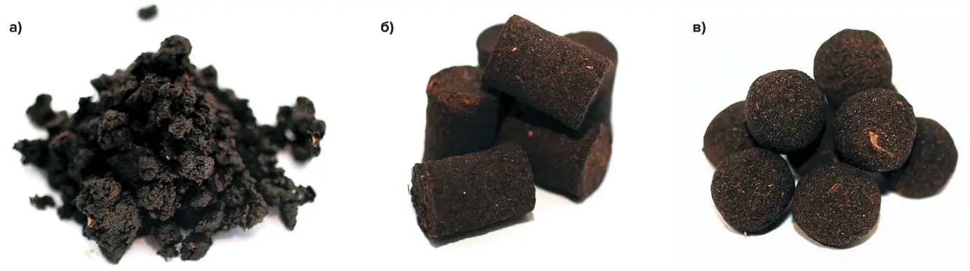 Рис. 1 Образцы торфяного почвоулучшителя: рассыпной – a; полученные методами экструзии – б и окатывания – в Fig. 1 Samples of the peat soil conditioner: loose (a); extruded (б) and pelletized (в)