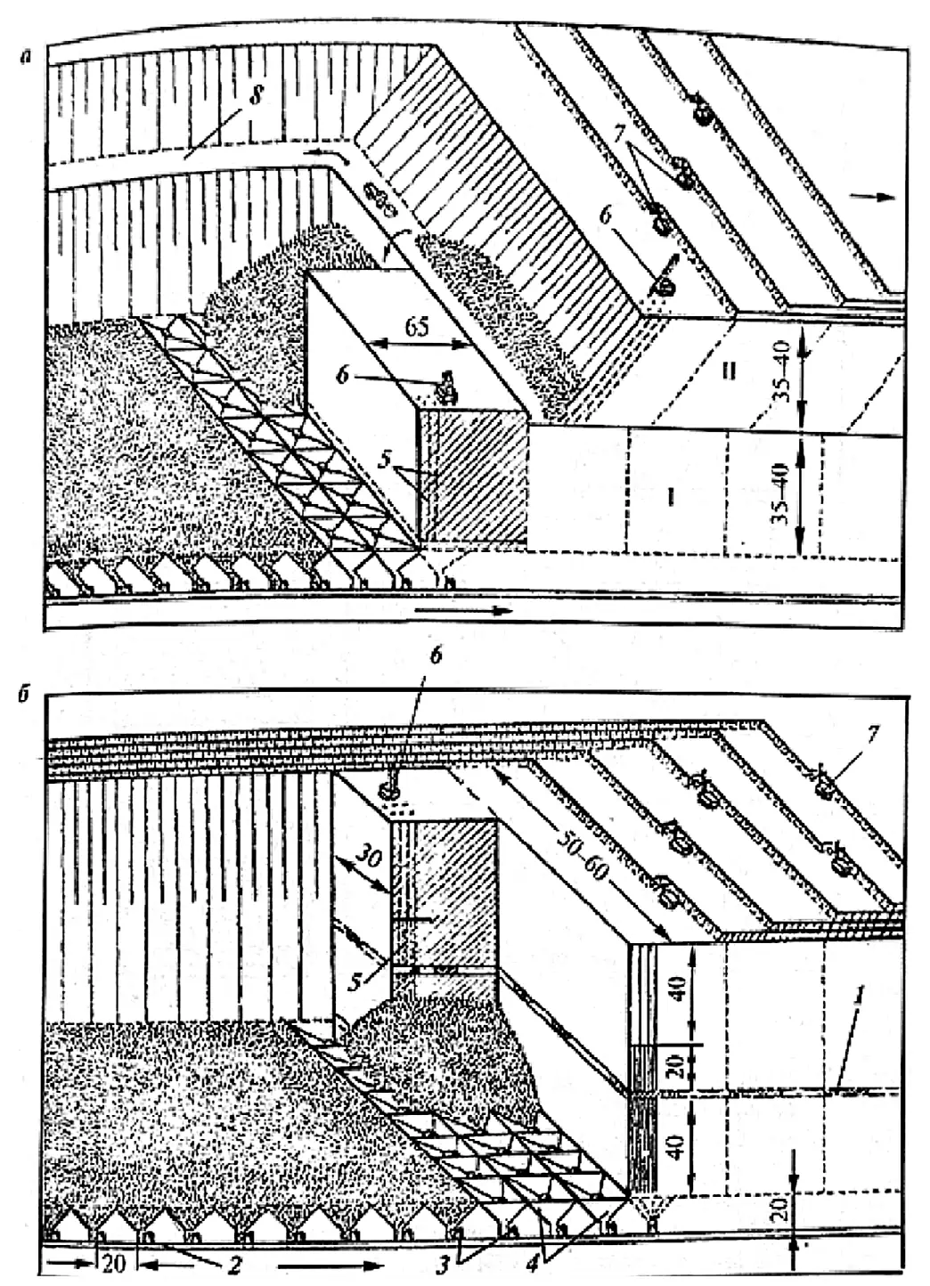 Рис. 1 Технологическая схема  трехъярусной открытоподземной разработки  (заложена концепция  трехъярусной отработки  месторождения открытым,  открыто-подземным и  подземным способами)  Fig. 1 Layout of a three-tier open-pit  and underground mining  system based on the concept  of three-tier mining  of the deposit using surface,  combined and underground  methods