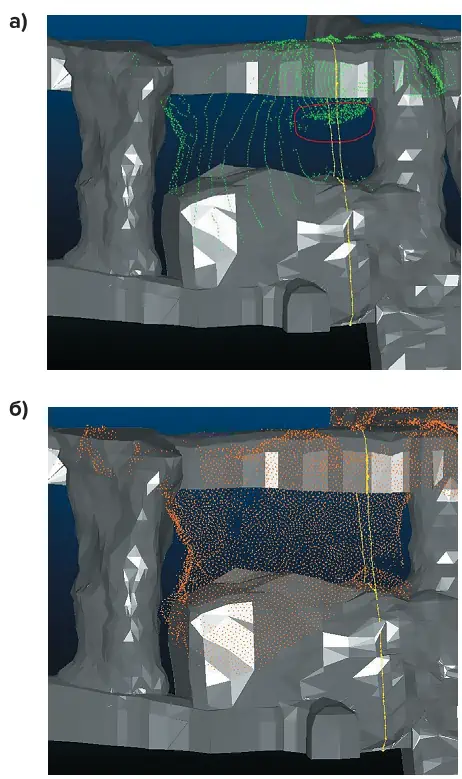 Рис. 1 Визуальный результат работы лазерных сканеров Void Scanner VS+ (а) и GO SLAM (б) Fig. 1 Visualized results of the Void Scanner VS+ (а) and GO SLAM (б) laser scanners operation