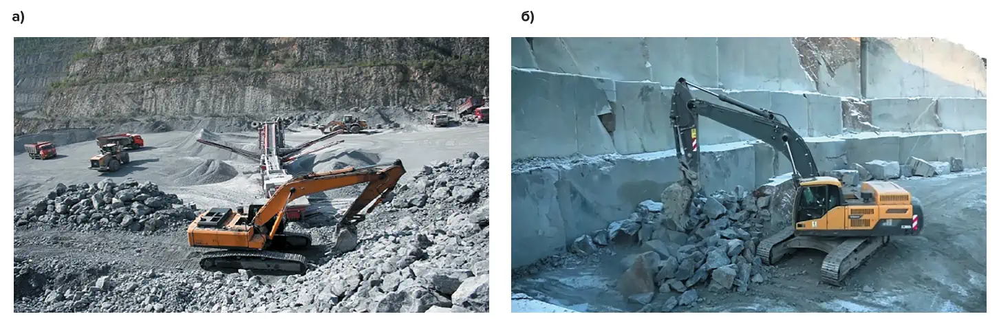 Рис. 1 Способы добычи горных пород:  а – буровзрывной, б – камнерезный  Fig. 1 Methods of rock mining:  а - drilling and blasting, б - rock-cutting 