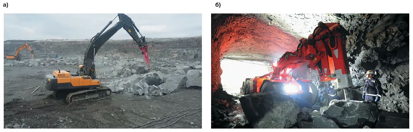 Рис. 2 Вторичное дробление негабаритов: а – при открытой разработке,  б – при подземной разработке месторождений Fig. 2 Secondary breaking of oversized rocks: а - in surface mining, б - in underground mining