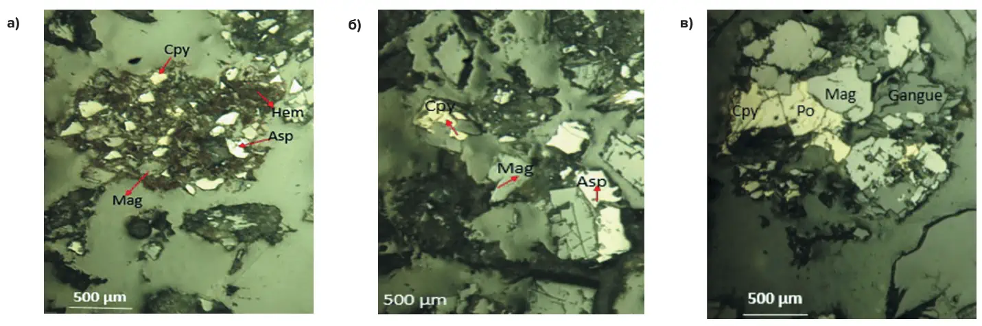 Рис. 2 Рудные минералы в образцах хвостов обогащения обогатительных фабрик: (а) Учалинская; (б) Гайская; (в) Бурибаевская (Asp – арсенопирит; Po – пирротин; Cpy – халькопирит; Gangue – пустая порода; Mag – магнетит; Hem – гематит) Fig. 2 Ore minerals in samples from tailings of processing plants: (а) Uchalinskaya; (б) Gayskaya; (в) Buribayevskaya (Asp - arsenopyrite; Po - pyrrhotite; Cpy - chalcopyrite; Gangue - gangue rock; Mag - magnetite; Hem - hematite)