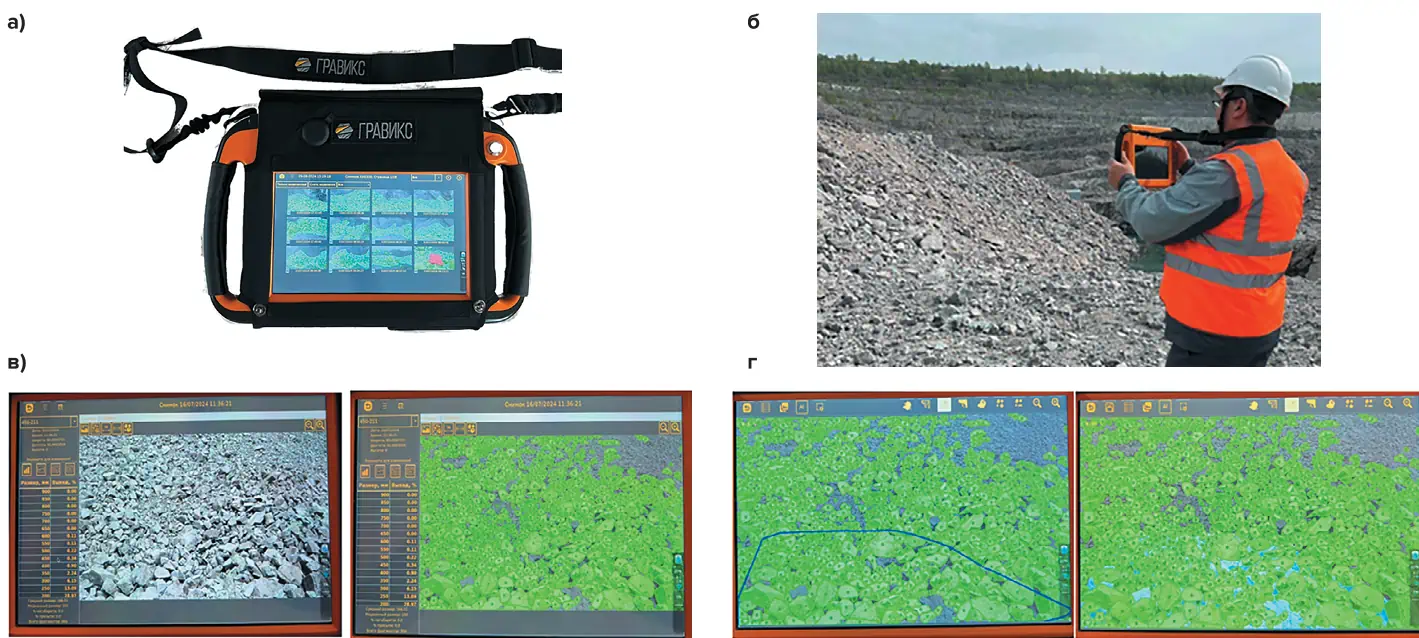 Рис. 4 Программно-аппаратный комплекс «Гравикс»: а – ПАК; б – Демонстрация работы с ПАК «Гравикс»; в – интерфейс, обработка изображений; г – интерфейс, элементы области исключений/просыпи Fig. 4 The Gravix software and hardware complex: а – the software and hardware complex; б – demonstration of working with the Gravix software and hardware complex; в – graphical user interface: image processing; г – graphical user interface: elements of the exception/spill area