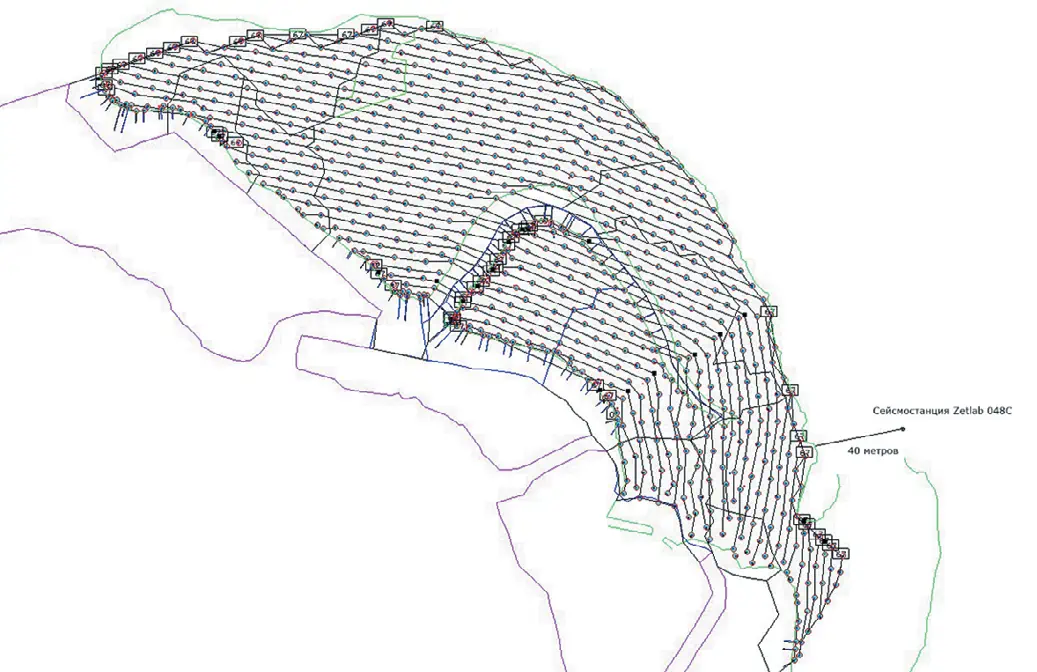 Рис. 1 Расположение сейсмостанции  относительно взрываемого  блока Fig. 1 Position of the seismic station  relative to the blasted block