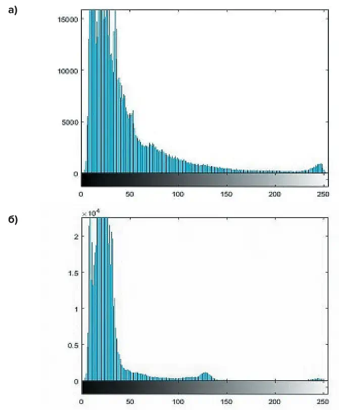 Рис. 4 Гистограммы распределения яркости: а – изображения на рис. 1, а; б – изображения на рис. 1, б Fig. 4 Histograms of the brightness distribution: (а) images in Fig. 1 а; (б) images in Fig. 1, б