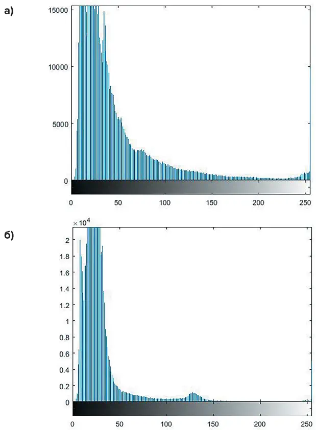 Рис. 8 Гистограммы распределения яркости: а – изображения на рис. 7, а; б – изображения на рис. 7, б Fig 8 Histograms of the brightness distribution: (а) images in Fig. 7, а; (б) images in Fig. 7, б