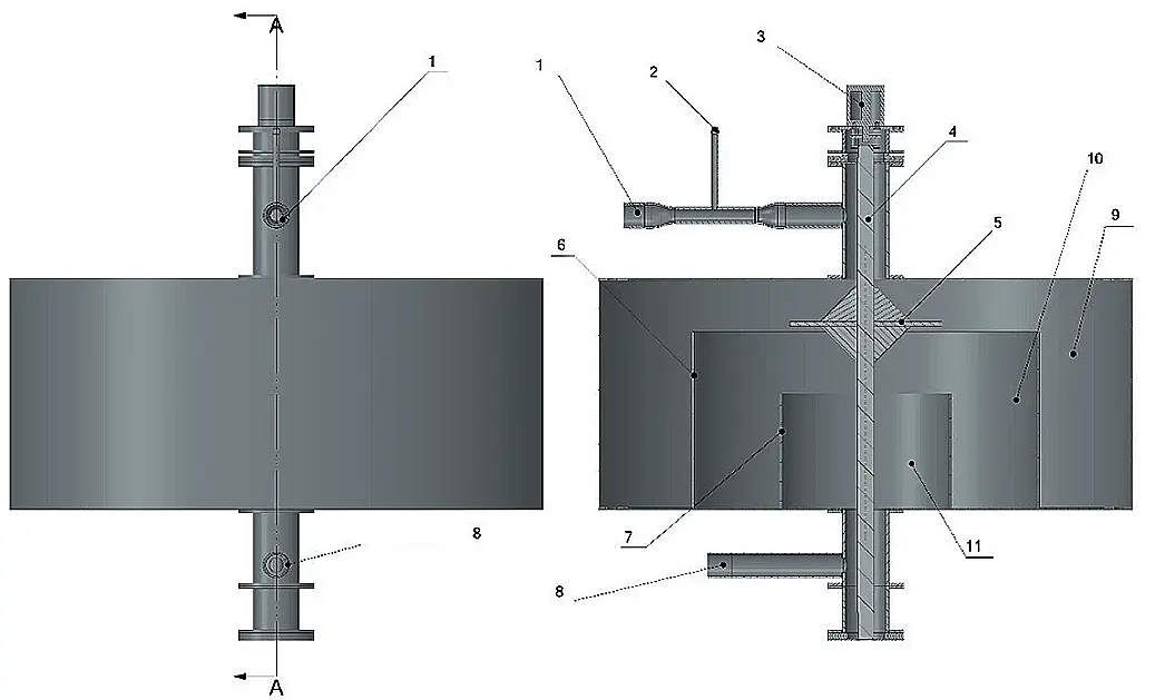 Рис. 2 Лабораторная модель  центробежного  пневматического сепаратора:  1 – патрубок подачи  воздушного потока;  2 – патрубок подачи  материала;  3 – электромотор;  4 – центральный вал;  5 – диск с лопатками;  6 – первое цилиндрическое  кольцо;  7 – второе цилиндрическое  кольцо;  8 – патрубок разгрузки; 9 – первая камера;  10 – вторая камера;  11 – третья камера Fig. 2 A laboratory model  of the centrifugal pneumatic  separator:  1 – air flow supply pipe; 2 – material supply pipe;  3 – electric motor;  4 – central shaft;  5 – disc with blades;  6 – first cylindrical ring;  7 – second cylindrical ring;  8 – discharge pipe;  9 – first chamber;  10 – second chamber;  11 – third chambe