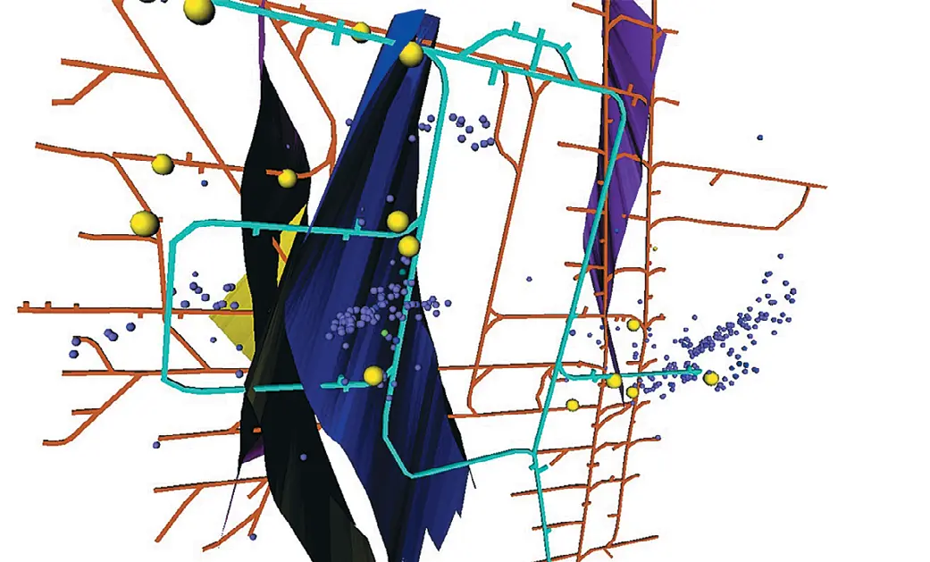 Рис. 1 3D-модель Мало-Тулукуевского  месторождения с горизонтами  VII и IX, действующей  конфигурацией геофонов  системы «Prognoz-ADS» и  разломными структурами в  контролируемой зоне  мониторинга Fig. 1 A 3D model of the  Malo-Tulukuyevskoye field  with Levels VII and IX,  the current layout of the  Prognoz-ADS geophones,  and the fault structures  in the controlled monitoring  area